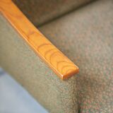 Pair of vintage armchairs in oak and embossed fabric, with old republished certificate of authenticity