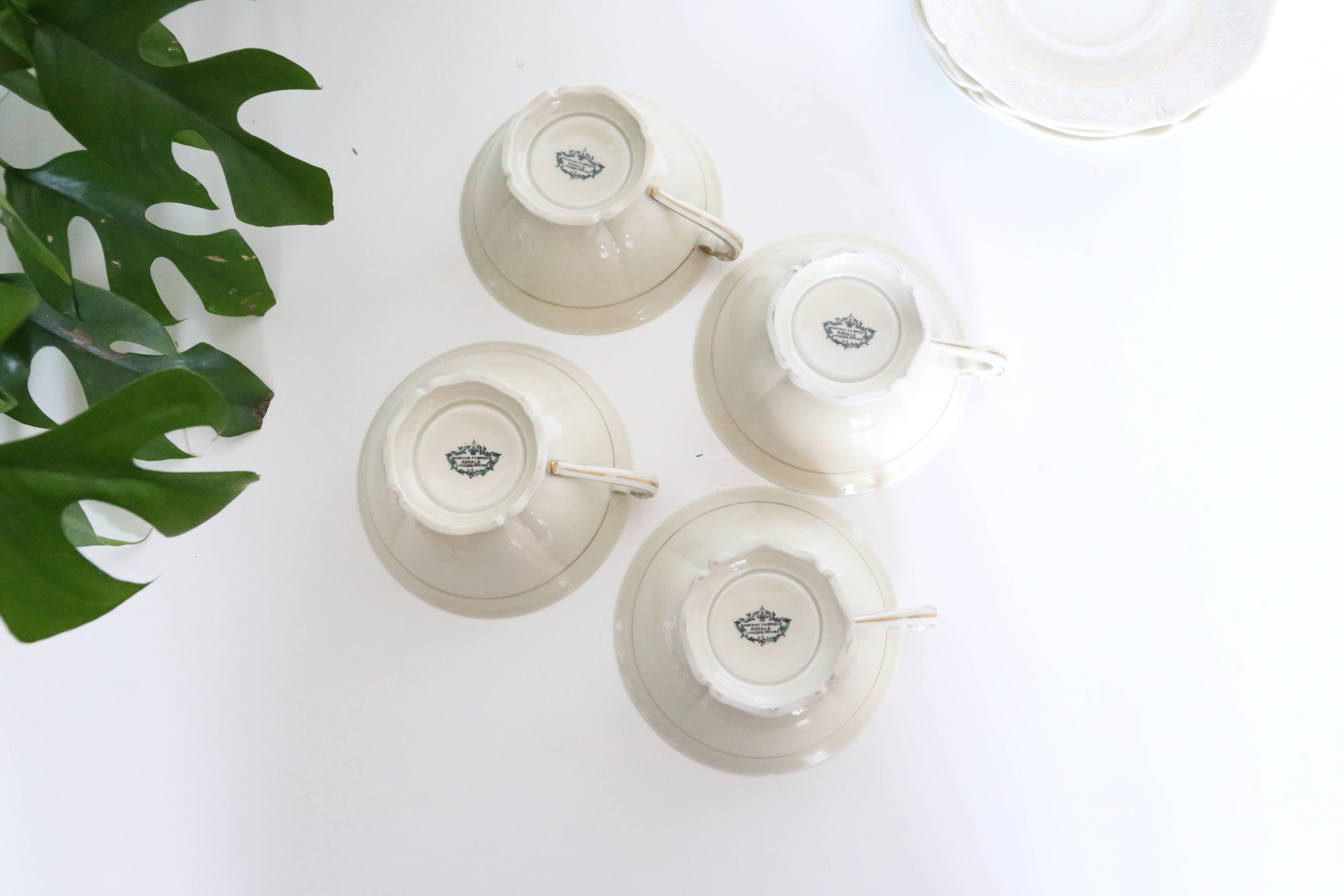 Set of 4 tea cups, porcelain Old Royal Factory of Limoges, Vintage