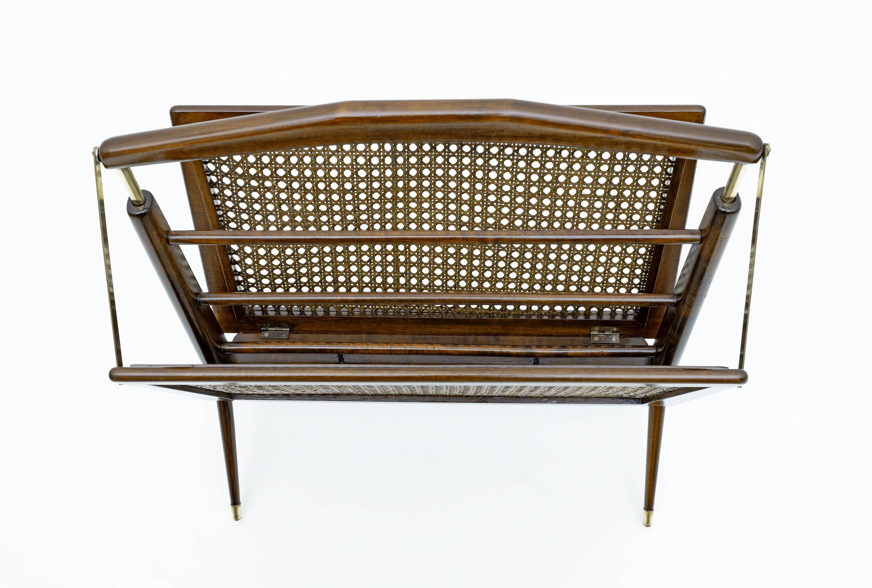 Cesare Lacca Mid-Century Modern Italian Wicker and Brass Magazine Rack, 50
