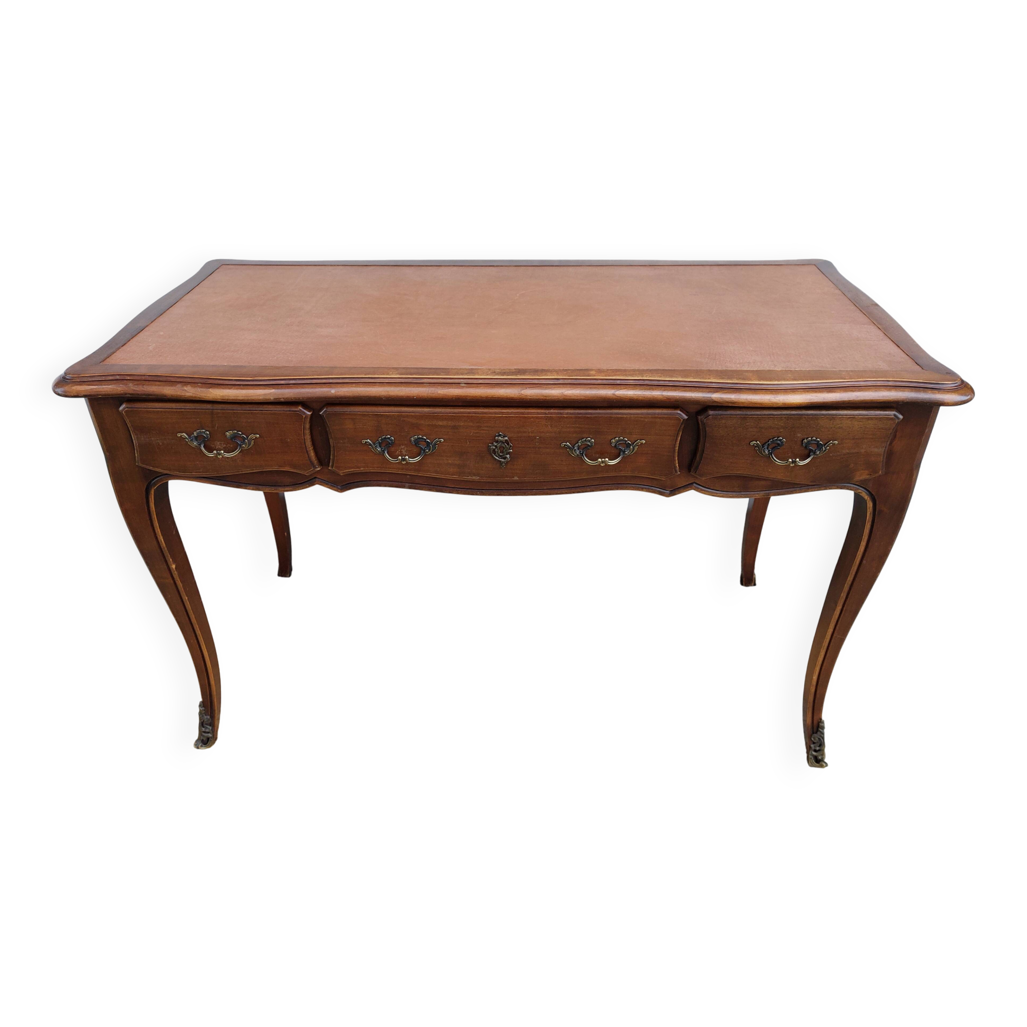 Louis XV style desk in wood, with a brown leather top.