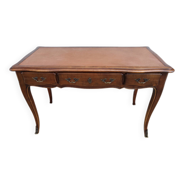 bureau style Louis XV en bois, plateau en cuir marron