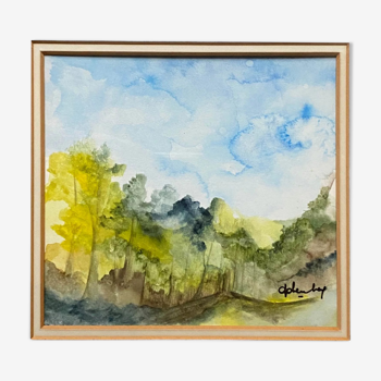 Tableau aquarelle "paysage de forêt" signé avec cadre
