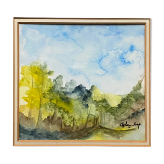 Tableau aquarelle "paysage de forêt" signé avec cadre