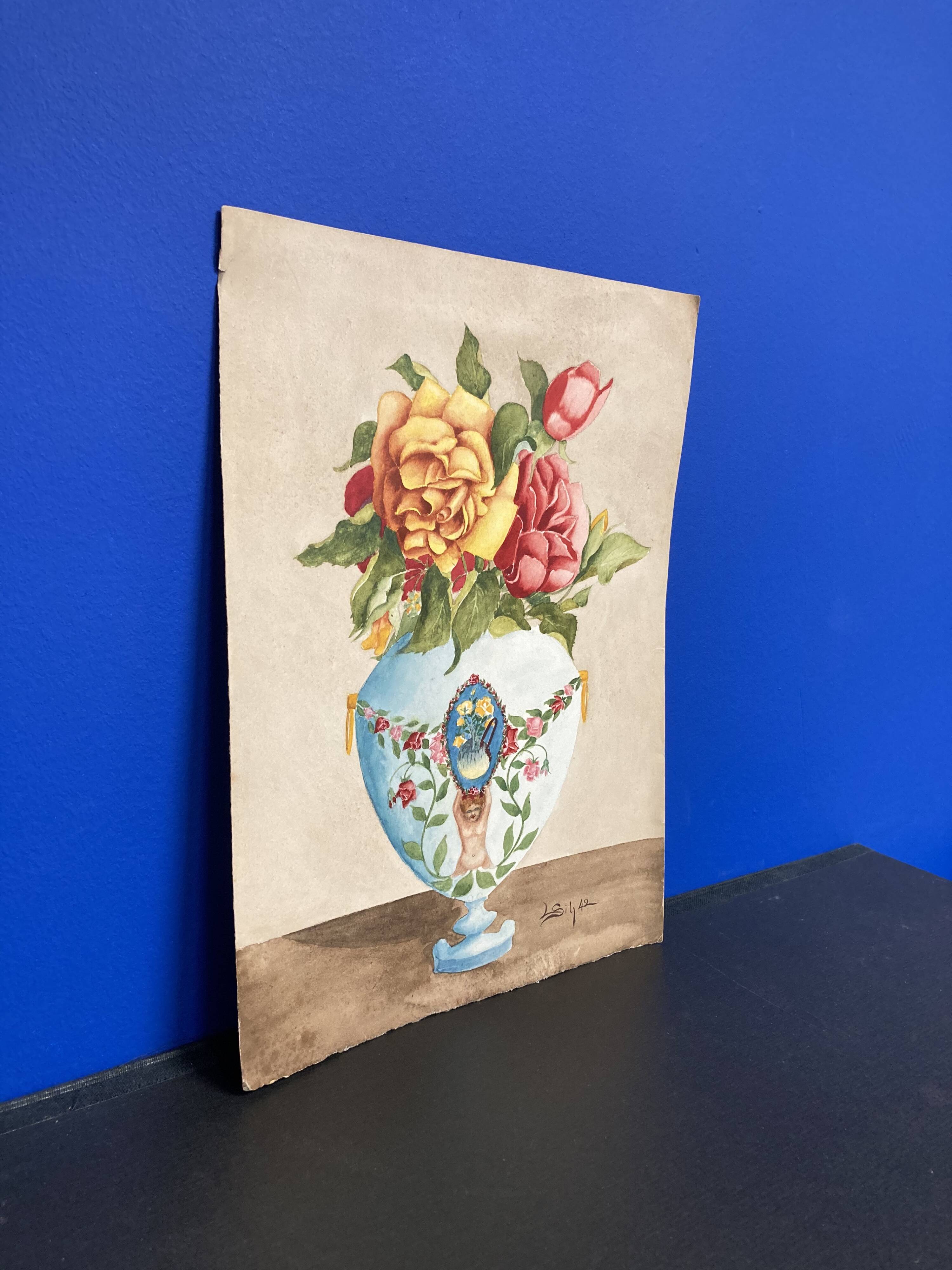 Vintage watercolor with roses in earthenware vase with angel