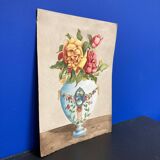 Vintage watercolor with roses in earthenware vase with angel