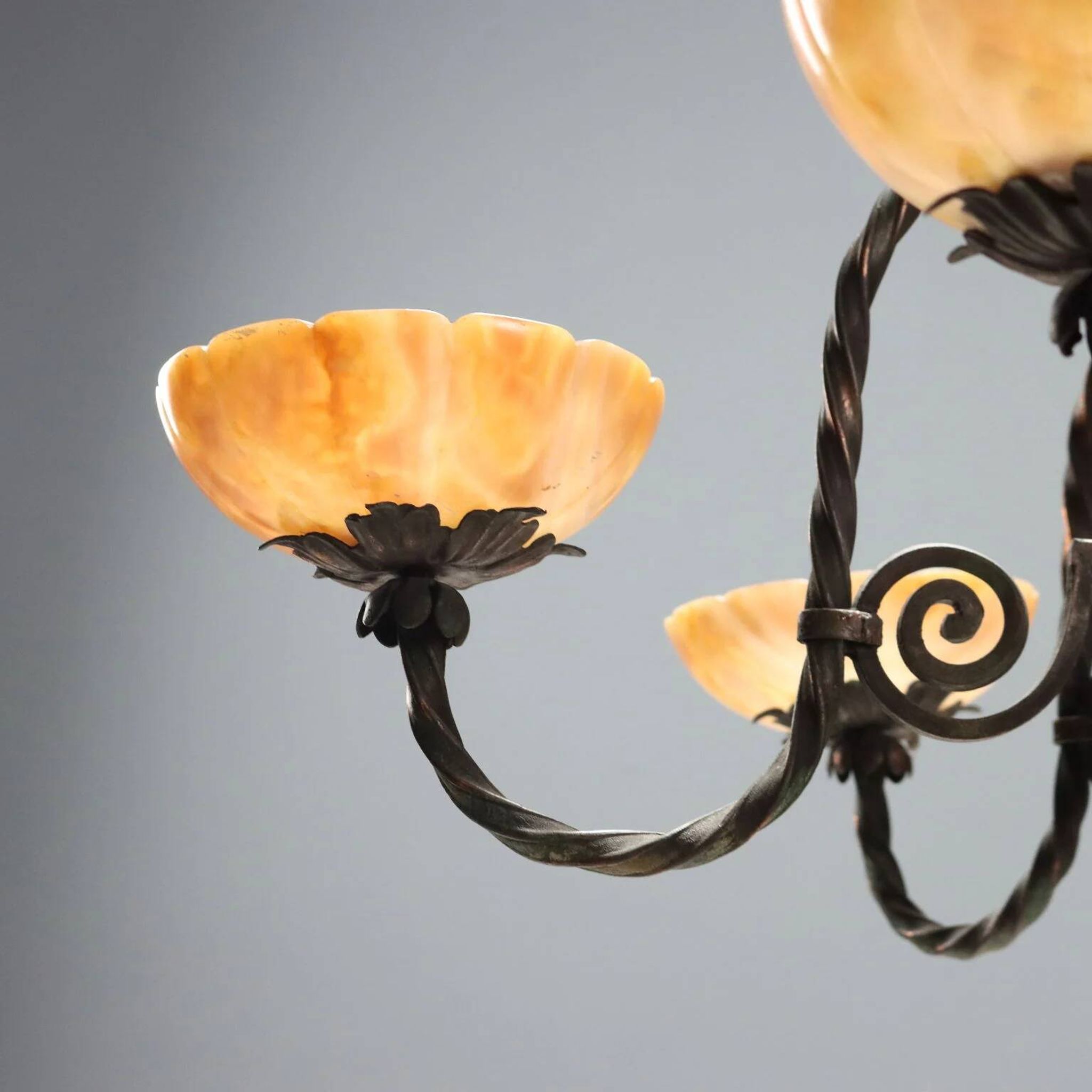 Antique Art Nouveau metal chandelier with 6 lights, Italy, 20th century.