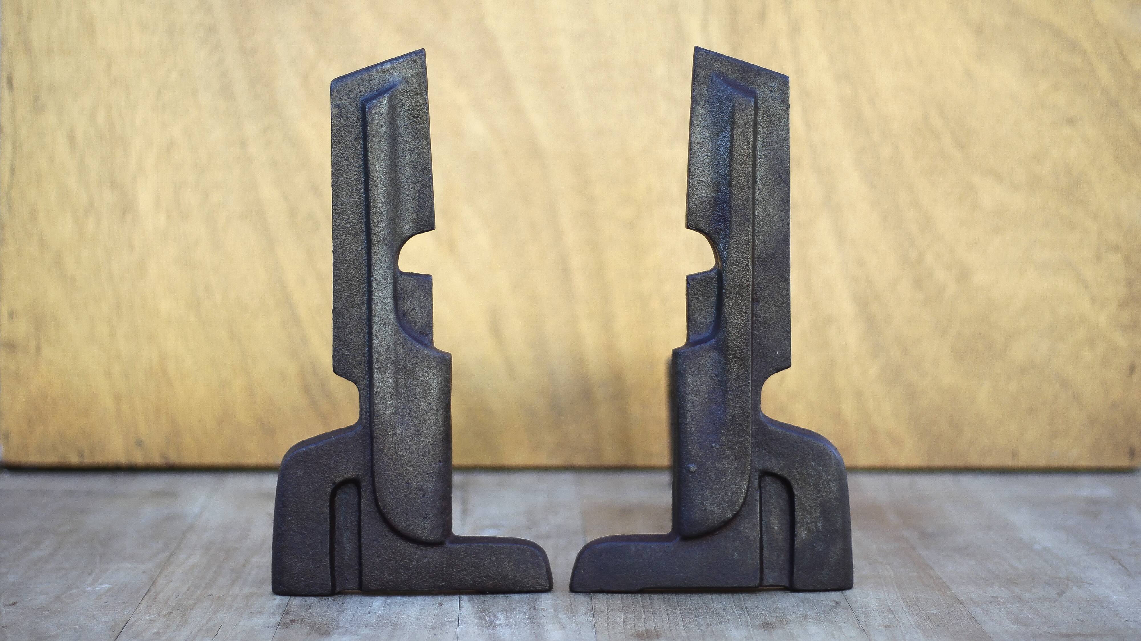 Vintage fireplace andirons France, wrought iron and cast iron andirons, modernist, brutalist, deco