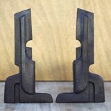 Vintage fireplace andirons France, wrought iron and cast iron andirons, modernist, brutalist, deco