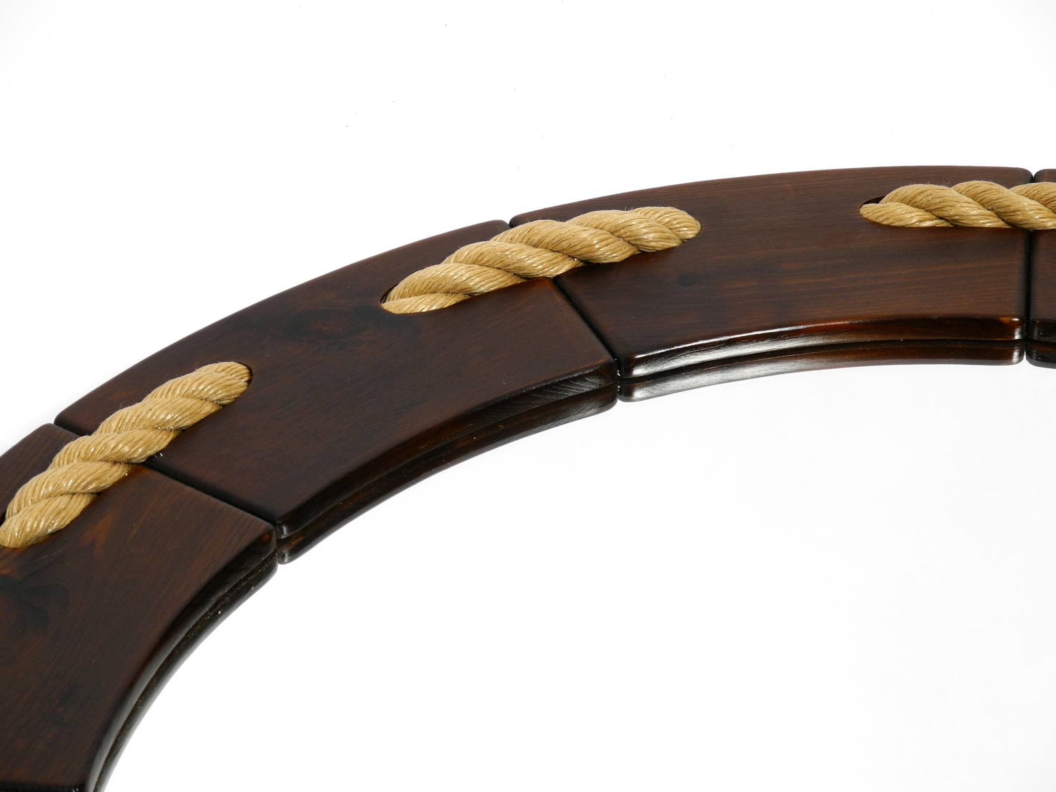 Huge 1970s maritime round pine wood wall mirror from Denmark | ∅ 89cm