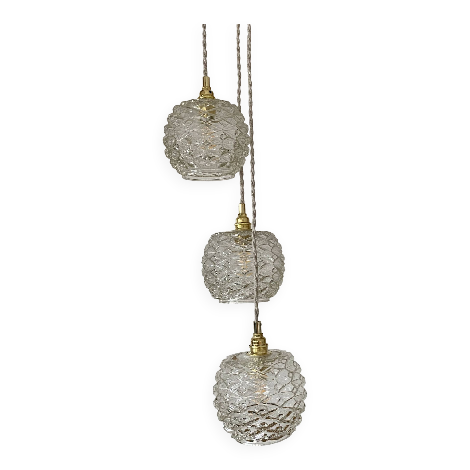 Suspension cascade trois feux globes vintage en verre moulé