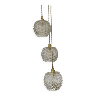 Waterfall pendant light with three vintage globe lights in molded glass