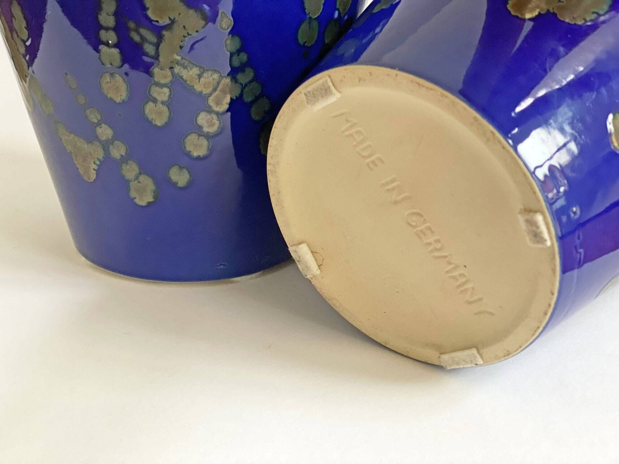Set of 2 blue West German ceramic planters / flower pots