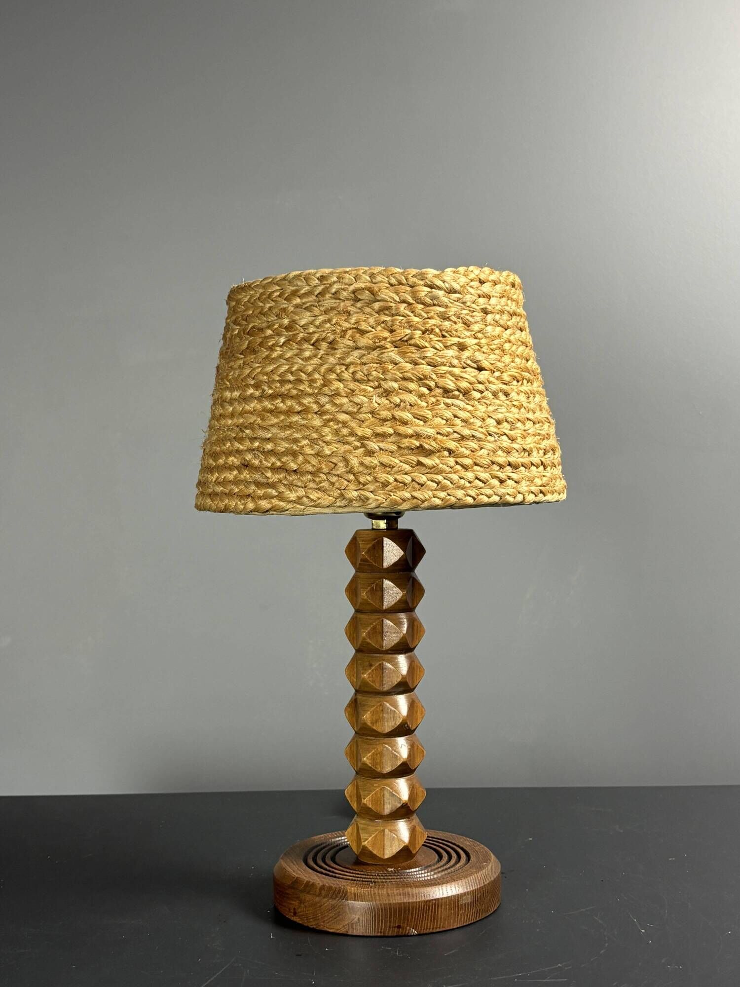Mid-Century modern brutalist wood turned table lamp Charles Dudouyt style