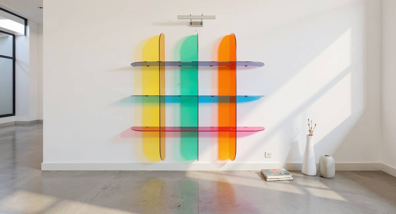 Multicoloured designer wall shelf in PMMA (plexiglass) 15 mm – 200×200×28 cm