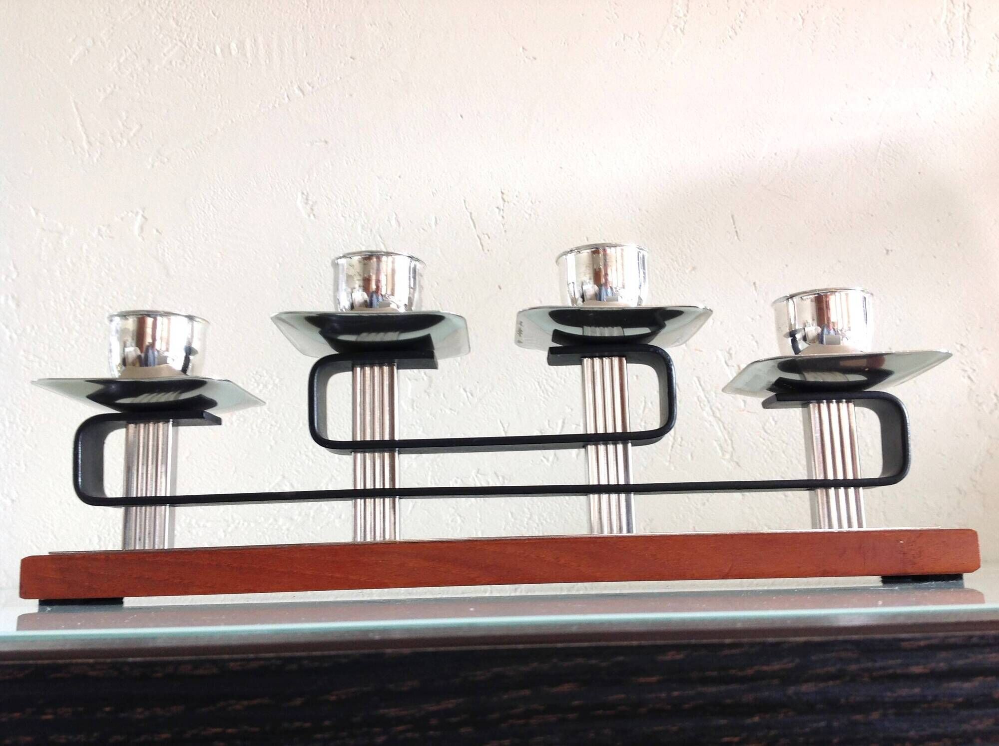 Four-headed candlestick in teak and chrome metal Scandinavian style / vintage 60s-70s