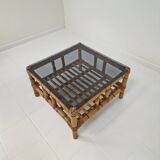 Italian bamboo coffee table with smoked glass, 1970s