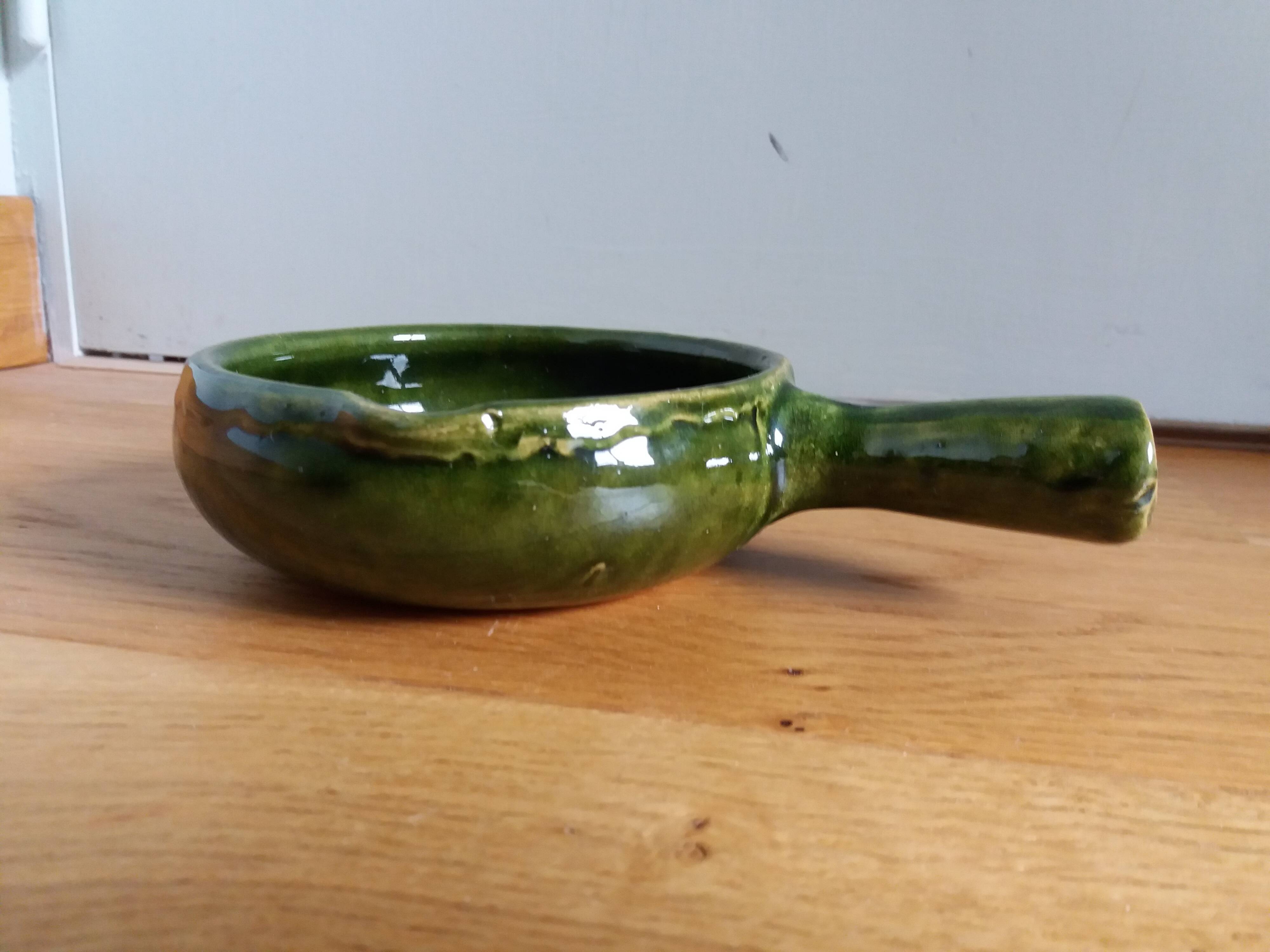 Olive green glazed terracotta fondue pot