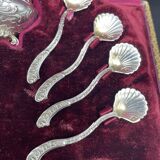 4 salerons, argent, Ravinet D'enfert, 4 pelles, intérieur verre blanc, écrin, intérieur pourpre, XIX