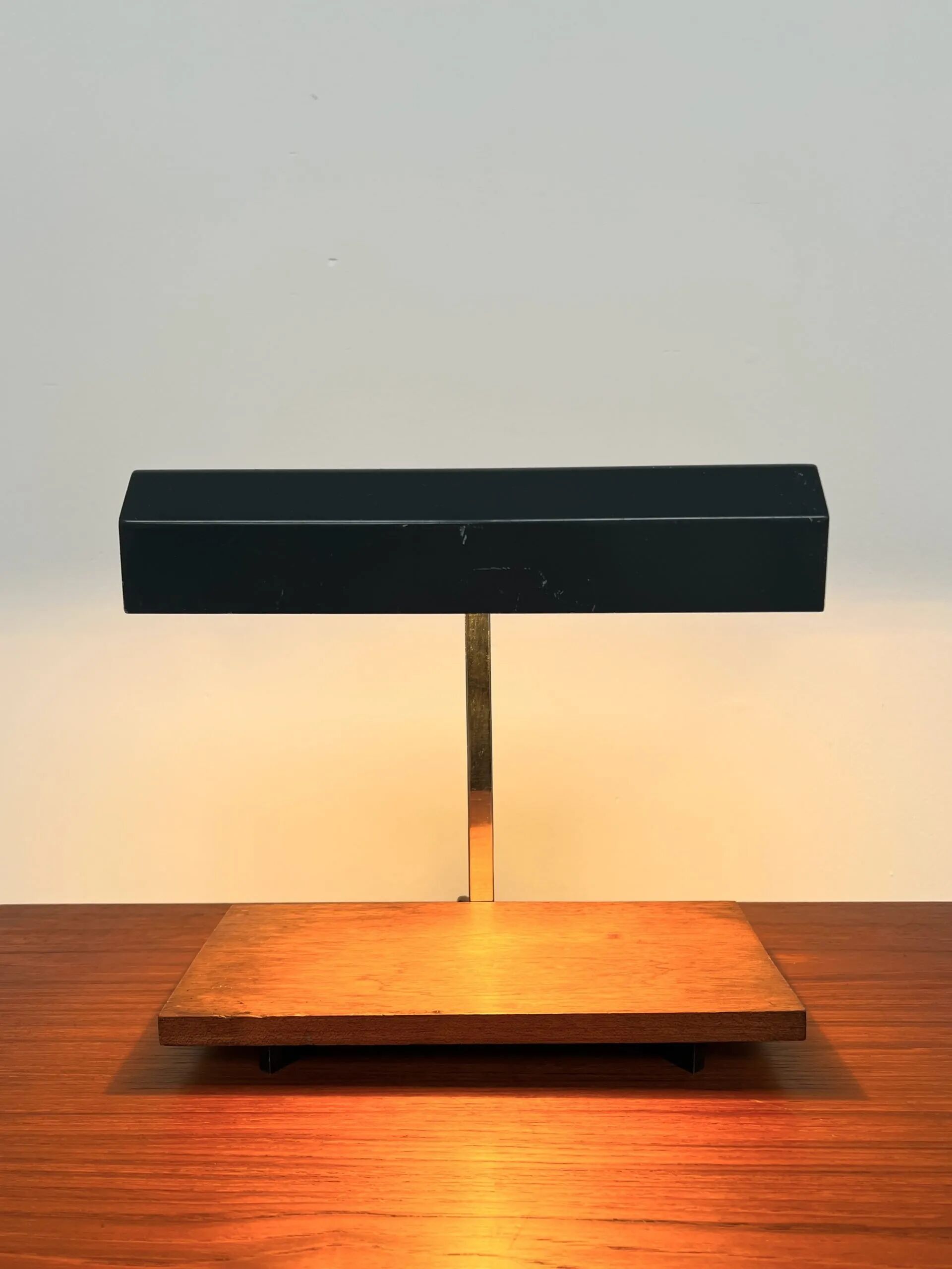 1950s desk lamp with teak base and grey lacquered metal