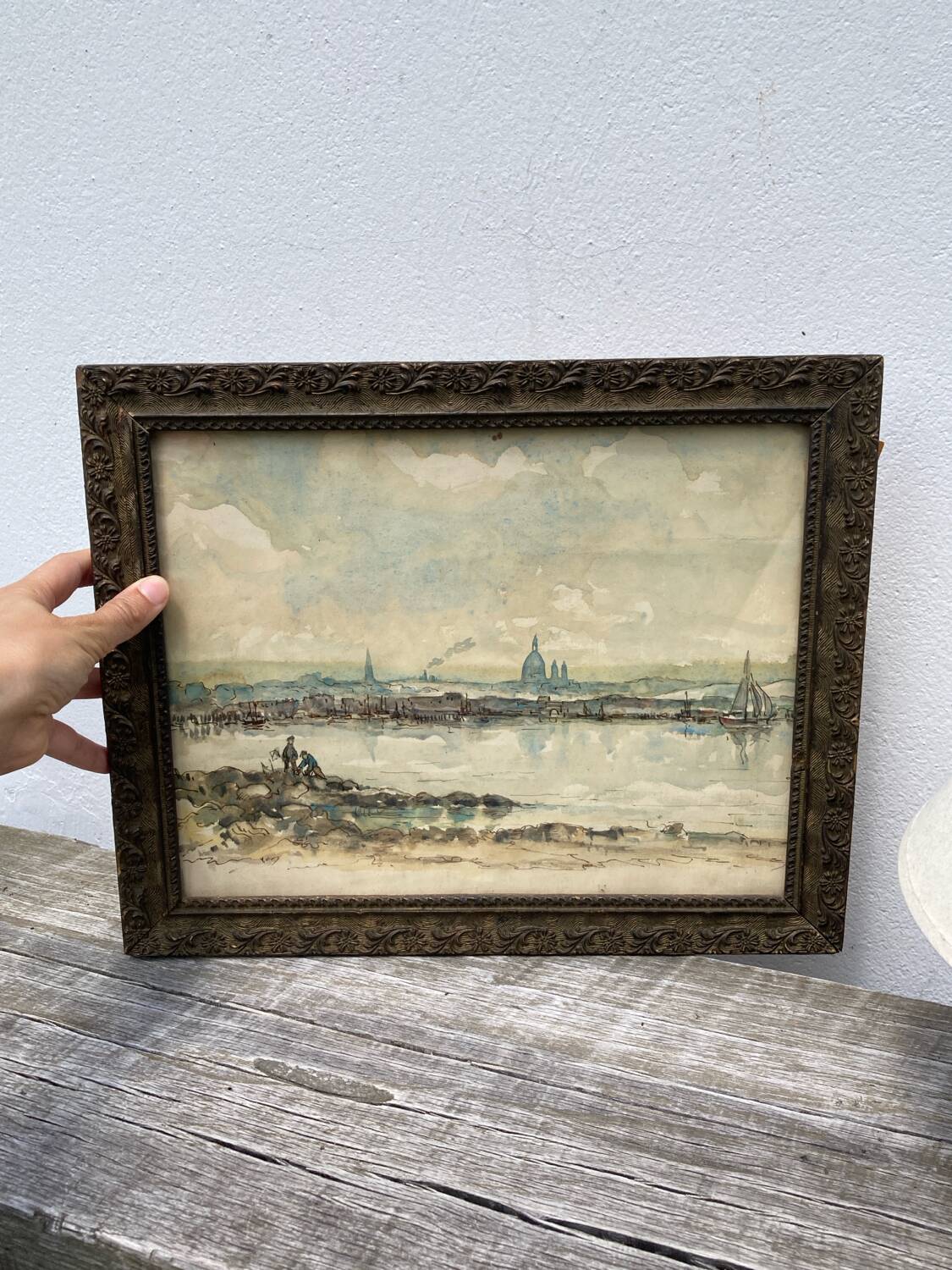 Watercolor old shore golden frame