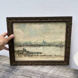 Watercolor old shore golden frame