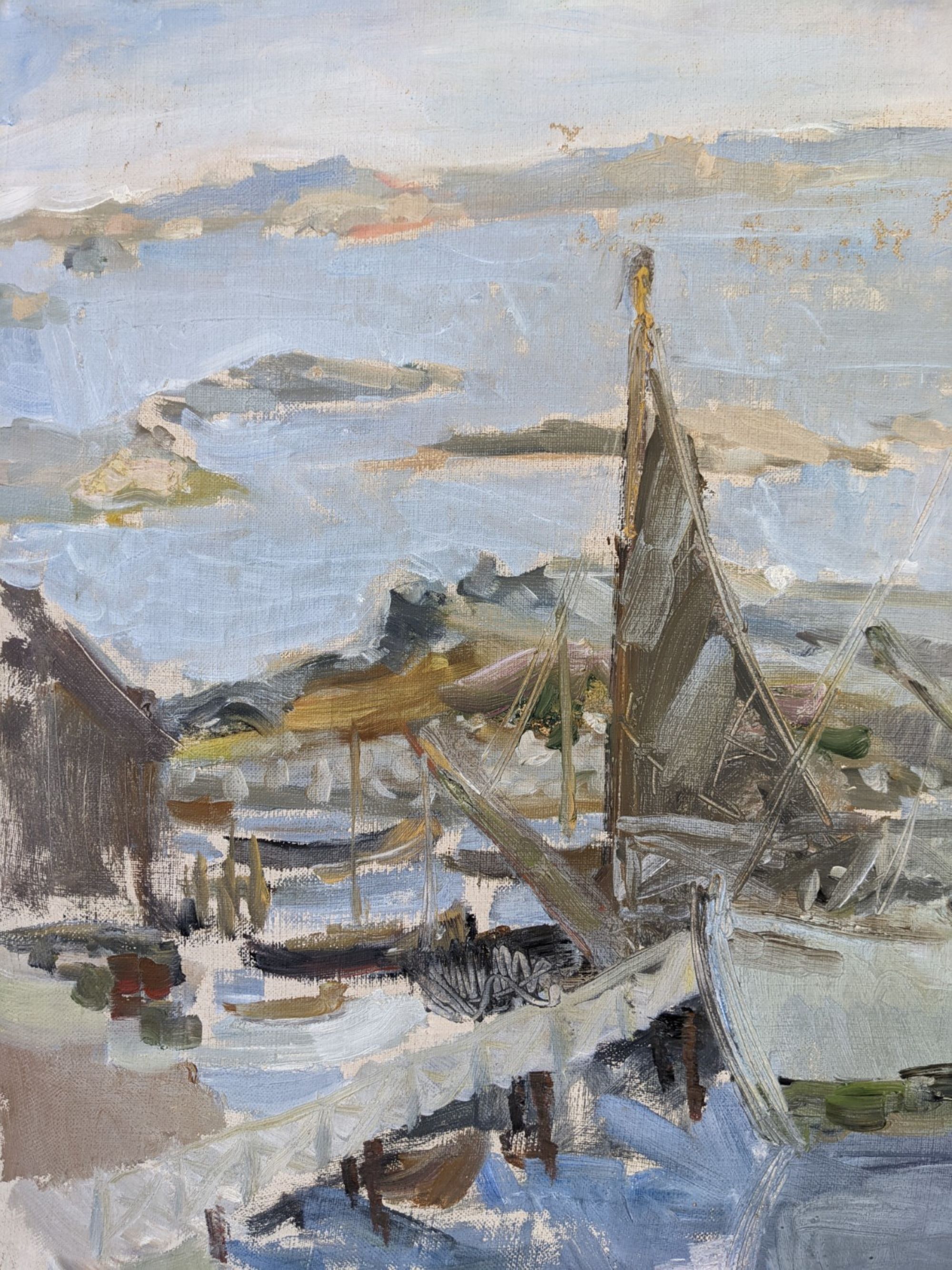 Mid-century modern swedish "archipelago boats" vintage seascape, framed oil painting