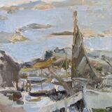 Mid-century modern swedish "archipelago boats" vintage seascape, framed oil painting