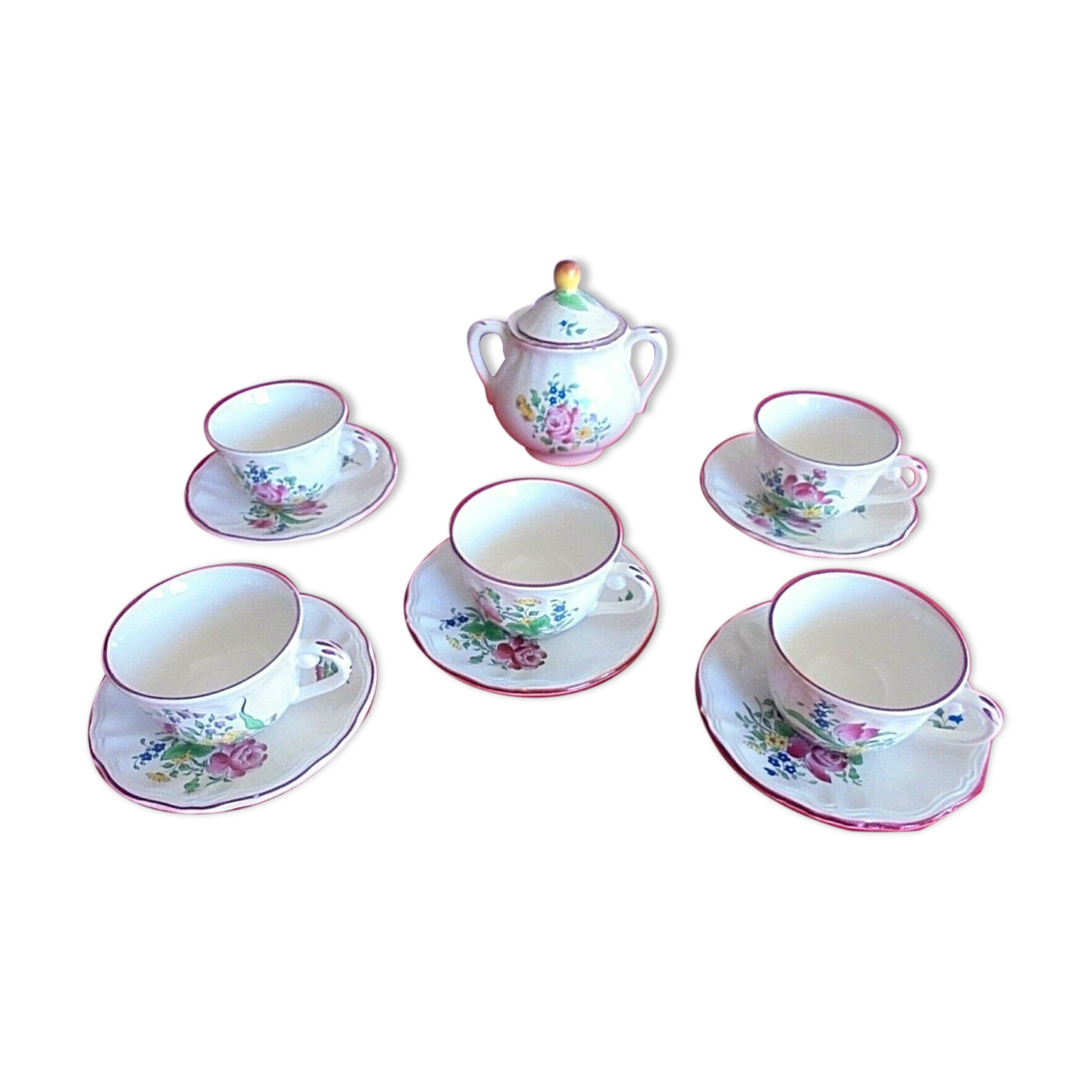 Service à café porcelaine Lunéville Motifs fleurs 5 tasses et soucoupes+sucrier