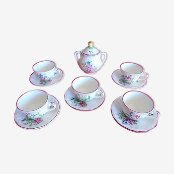 Service à café porcelaine Lunéville Motifs fleurs 5 tasses et soucoupes+sucrier