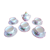 Porcelain coffee service Lunéville Motifs flowers 5 cups and saucers + sugar bowl