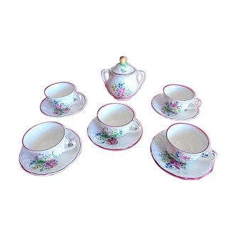 Porcelain coffee service Lunéville Motifs flowers 5 cups and saucers + sugar bowl