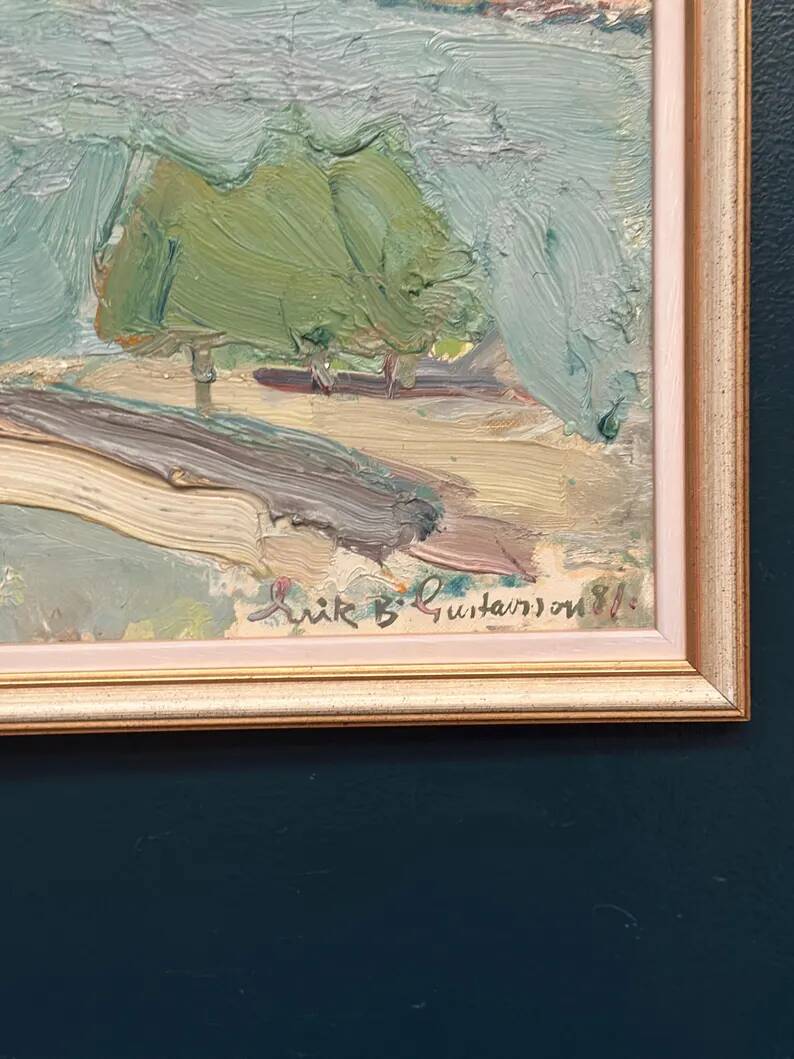 Original Swedish Oil on Canvas – "Coastal Landscape" by Erik Birger Gustavsson – Signed – Dated 1981 – Vintage and Framed – 41 × 33 cm (16.1 × 13 inches)