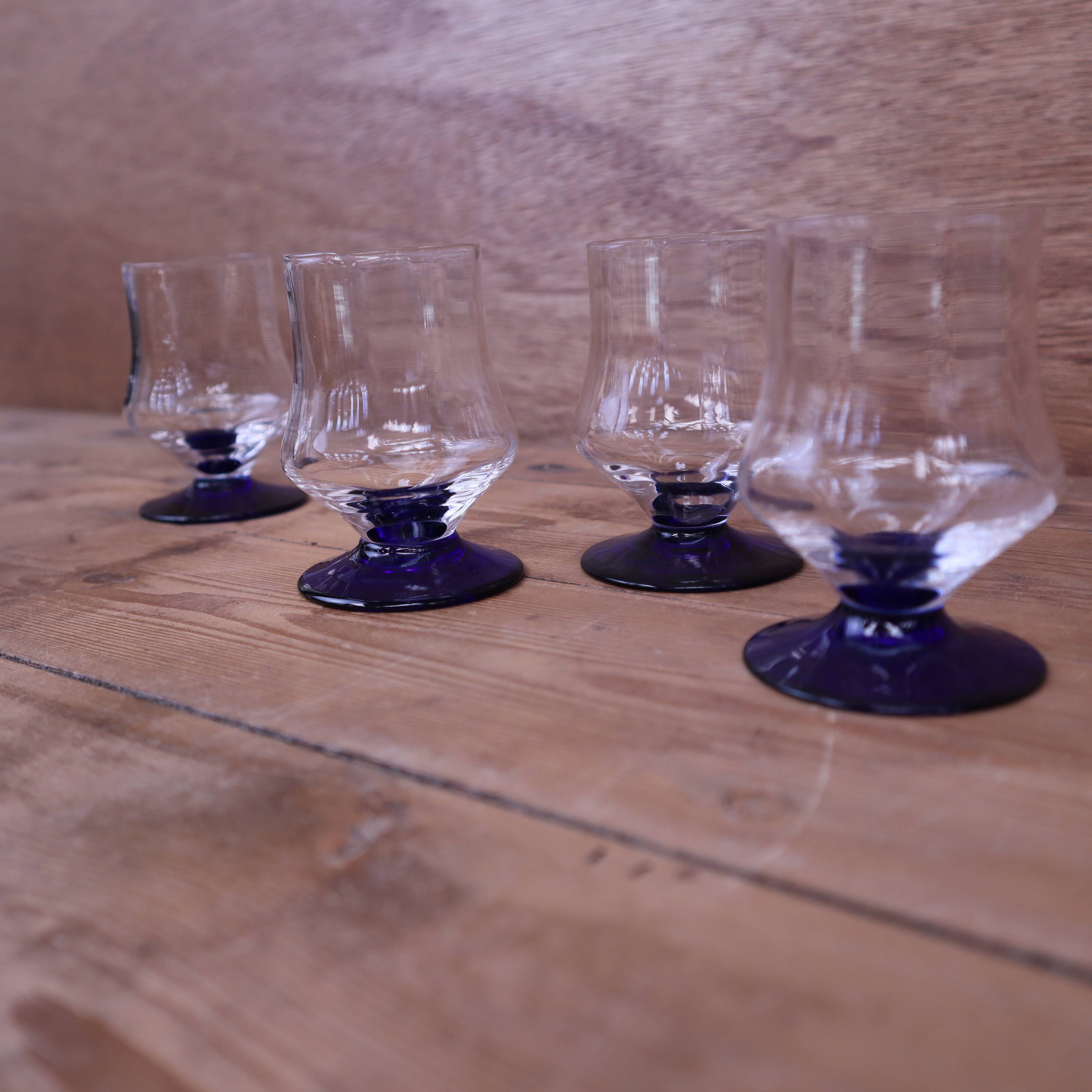 4 vintage aperitif glasses with blue stems, France 1940.