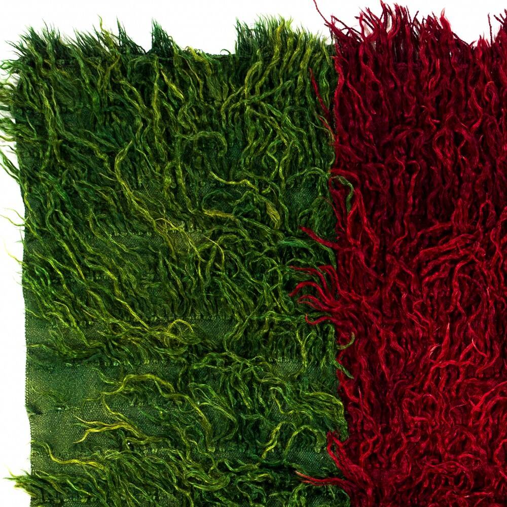 Vintage Hand-Knotted Tulu Rug with Green, Red and Navy Blue Color. 100% Mohair Wool