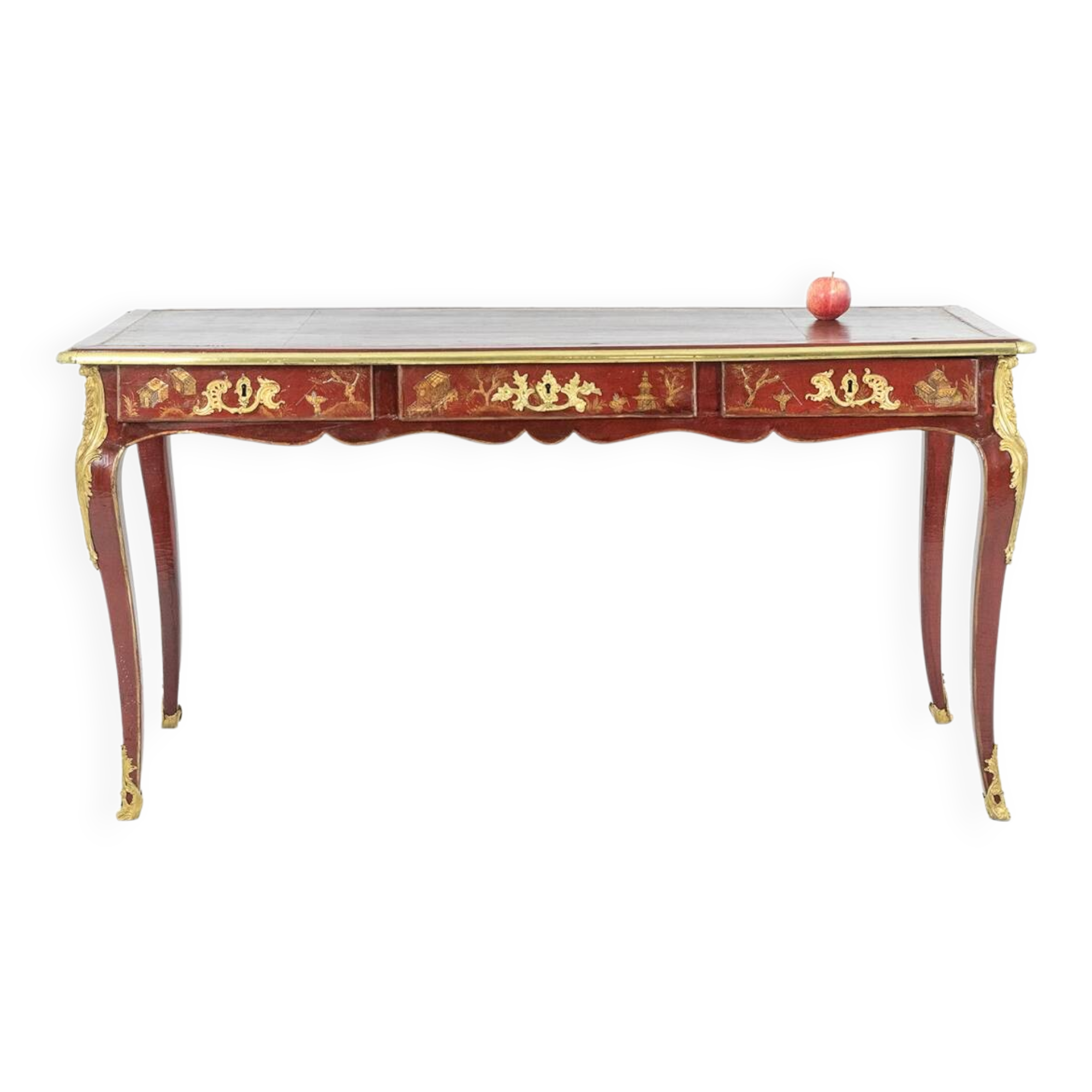 Louis XV style bureau plat with lake scene decoration. Circa 1850.