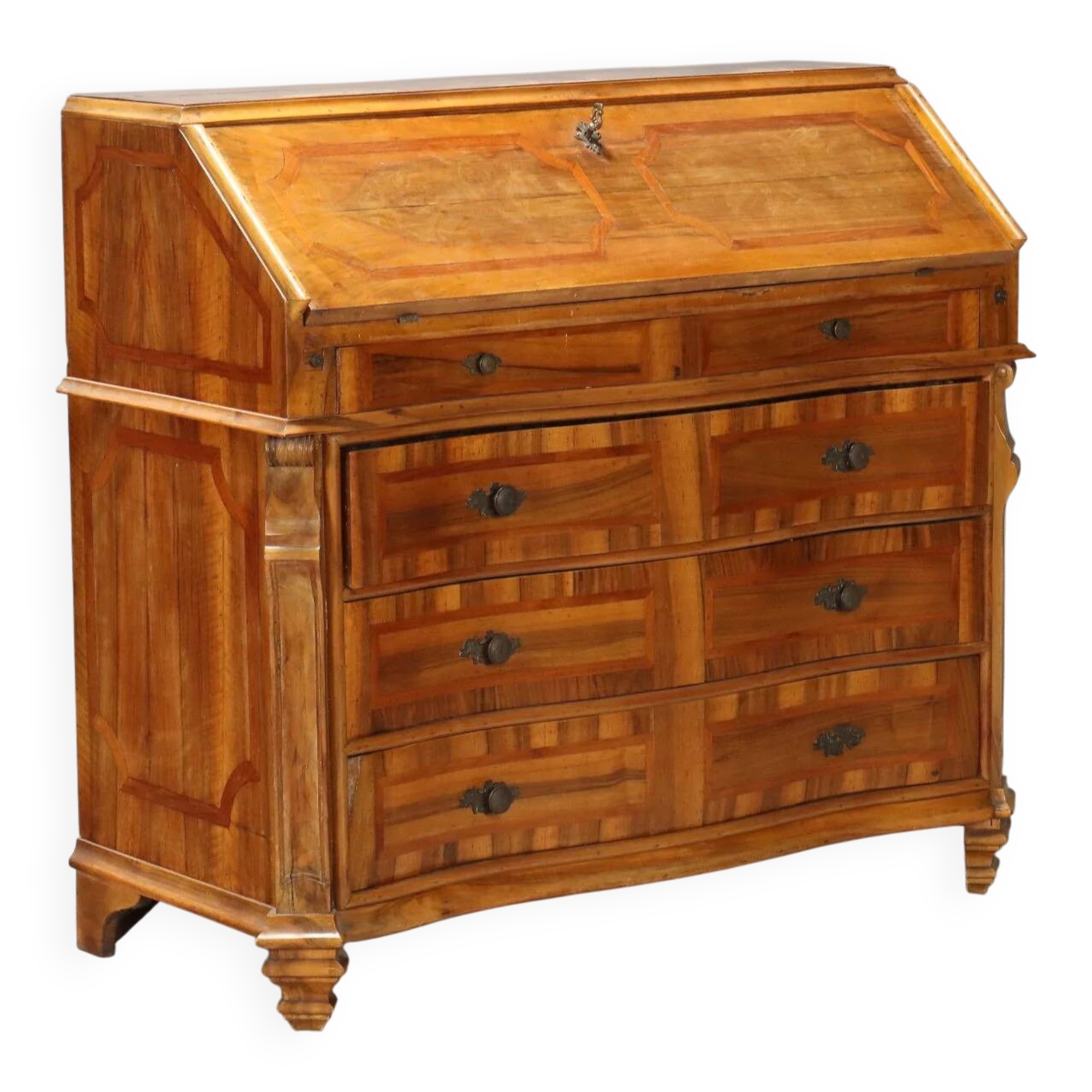 Antique cherry wood cabinet with drop-down front, 3 drawers, Italy, 20th century.