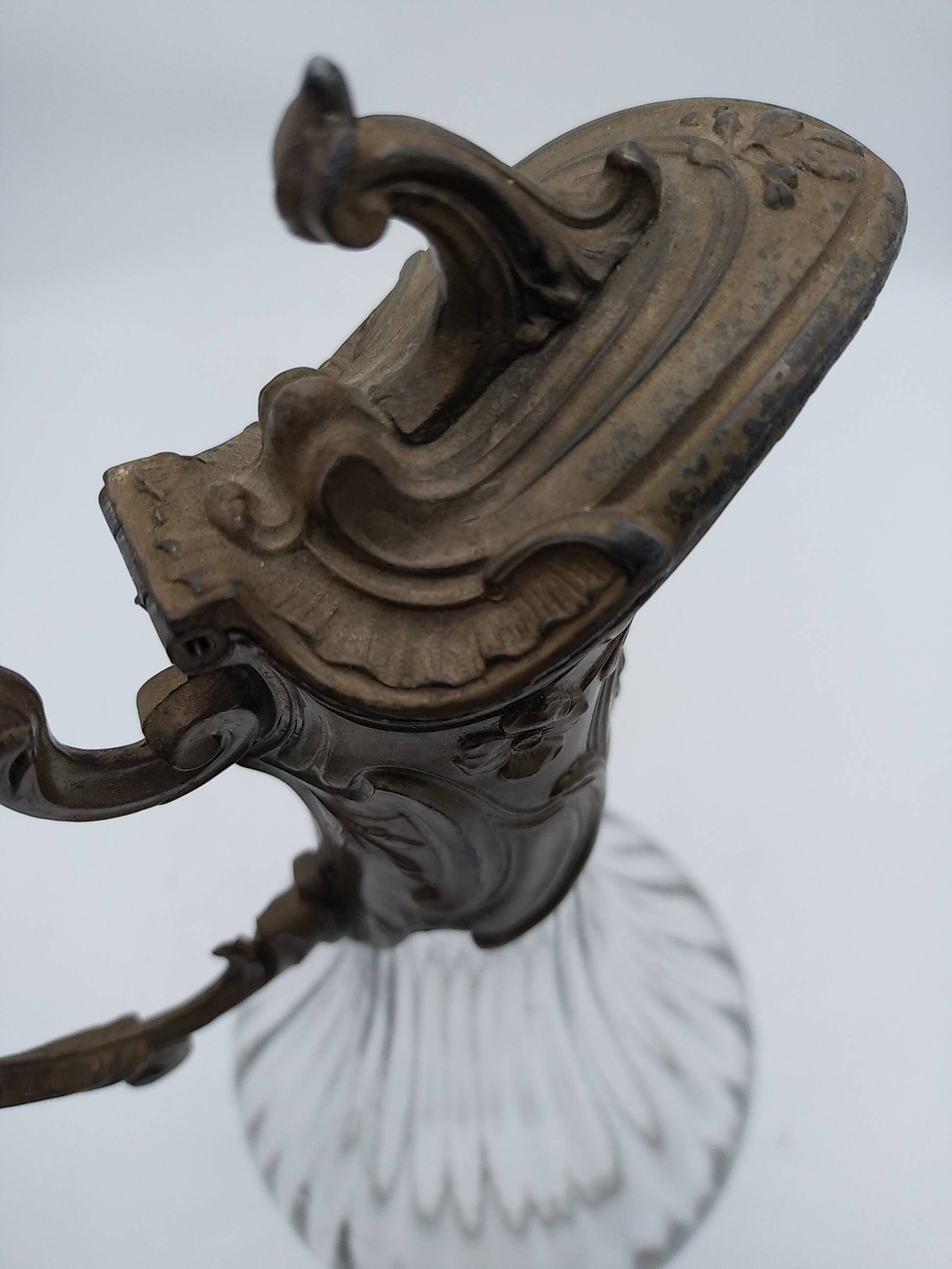 Large balloon glass carafe with pewter frame.