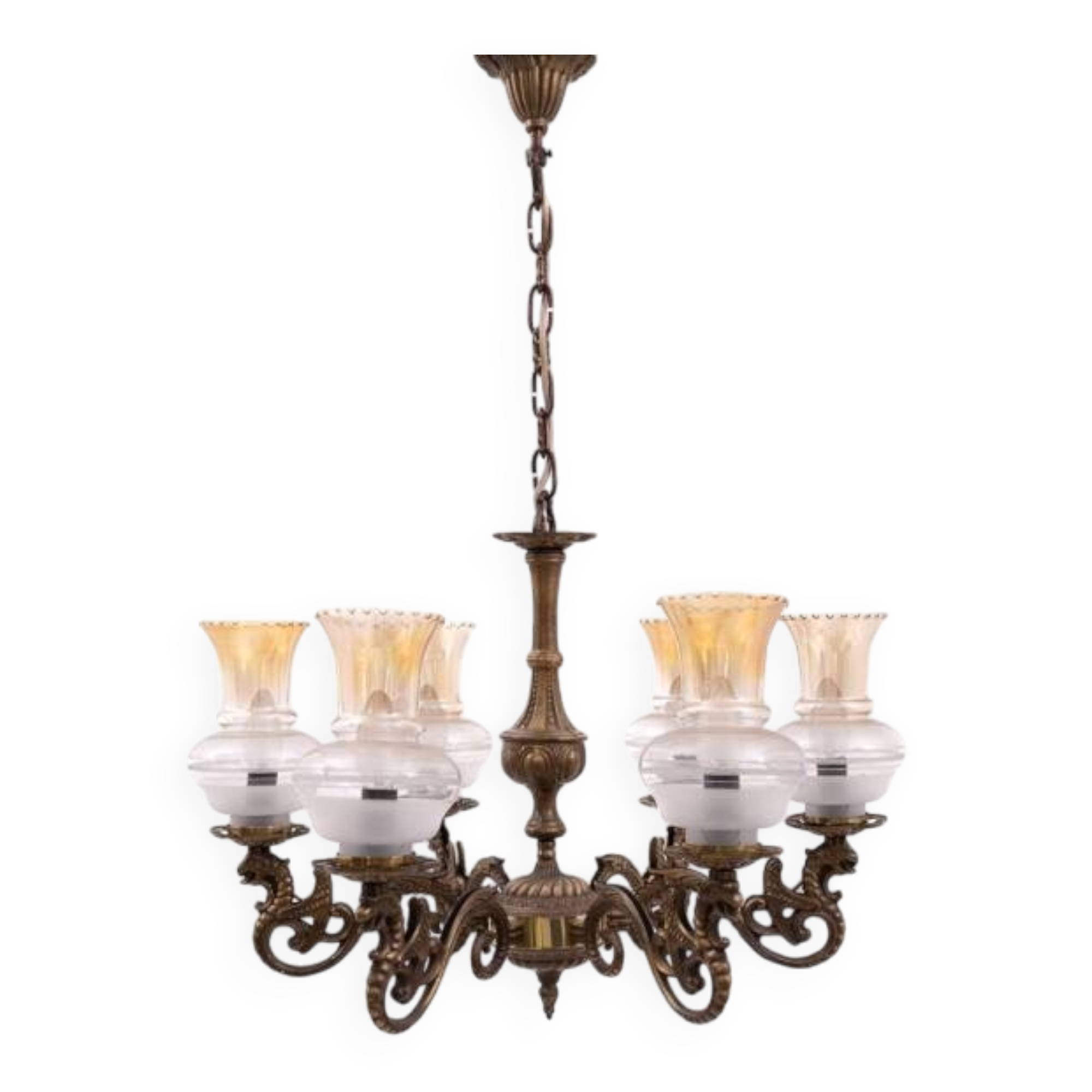 Six-arm brass chandelier from the early 20th century, Poland.