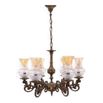 Six-arm brass chandelier from the early 20th century, Poland.