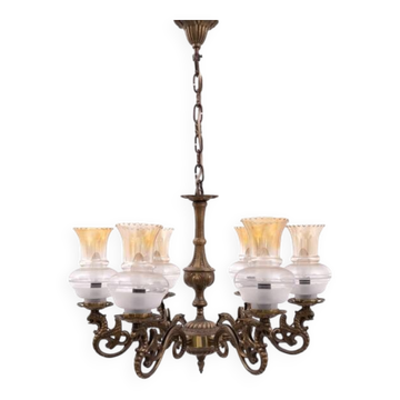 Lustre en laiton à six bras du début du XXe siècle, Pologne.
