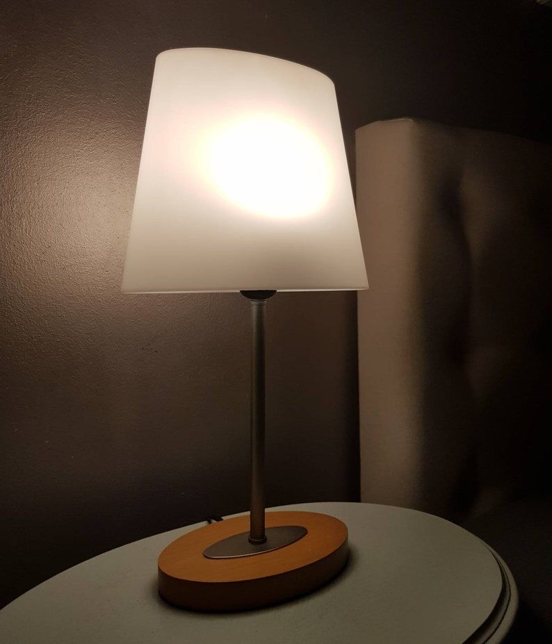 Wooden and metal lamp with plastic lampshade from the 1980s