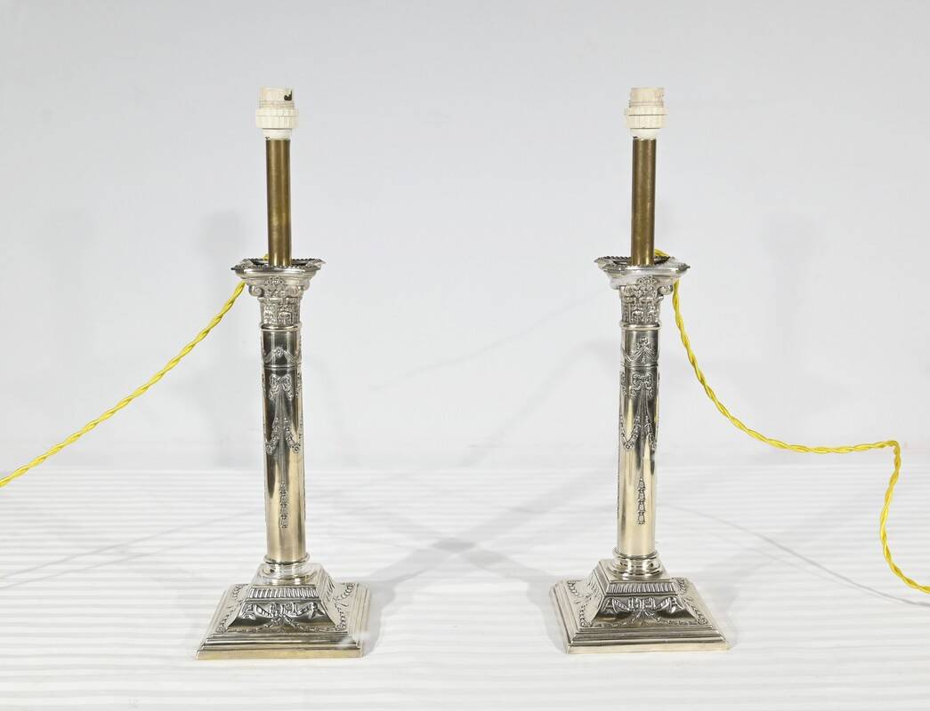 Pair of Electrified Torches in Silver Metal – Mid-19th Century