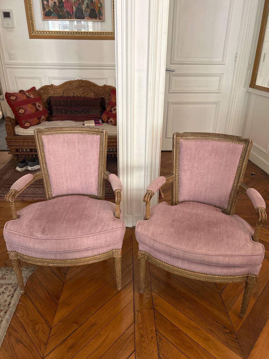 pair of antique Louis XVI style armchairs, in carved wood with a