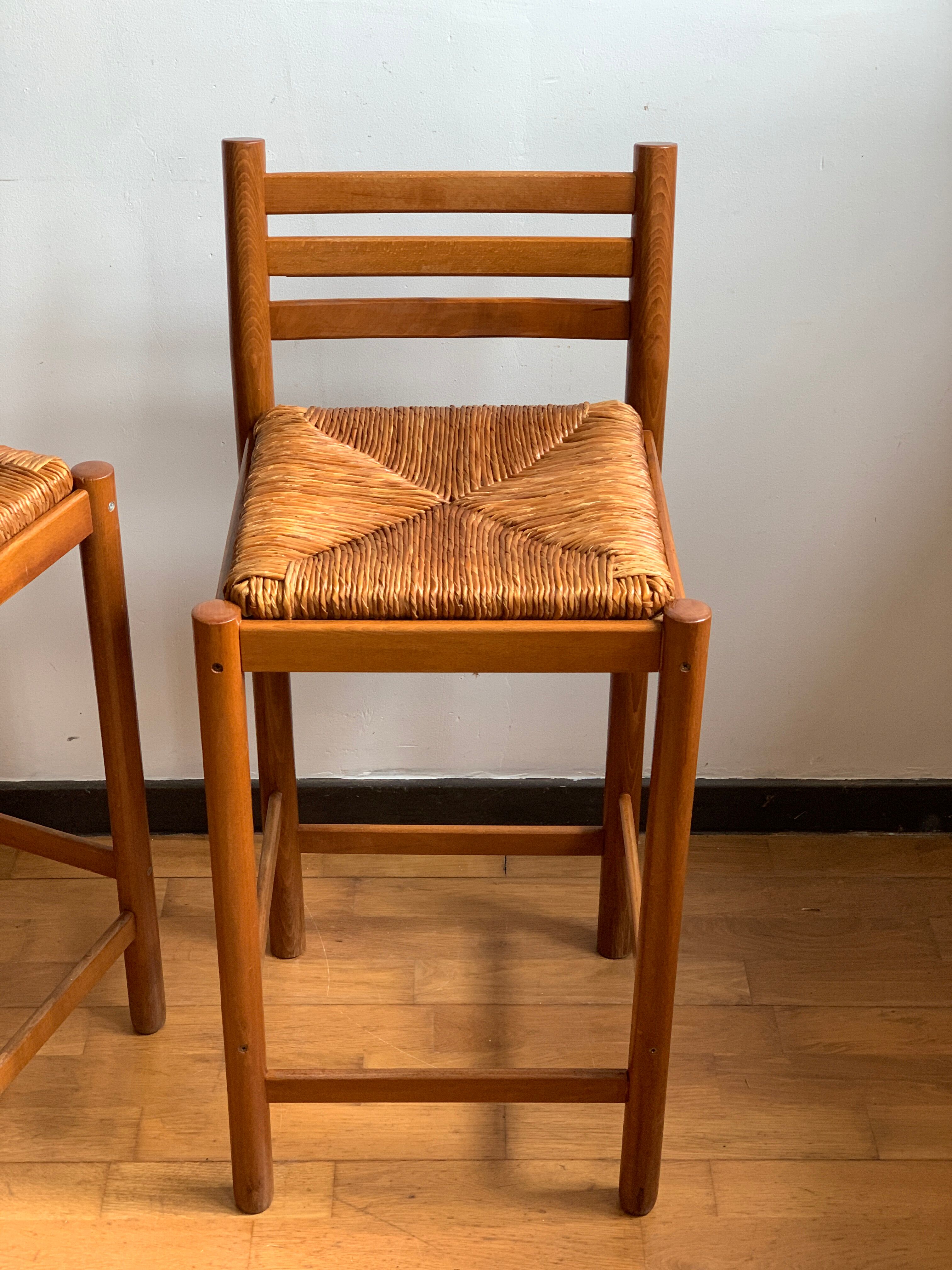 Tabouret chaise de bar bois et paille