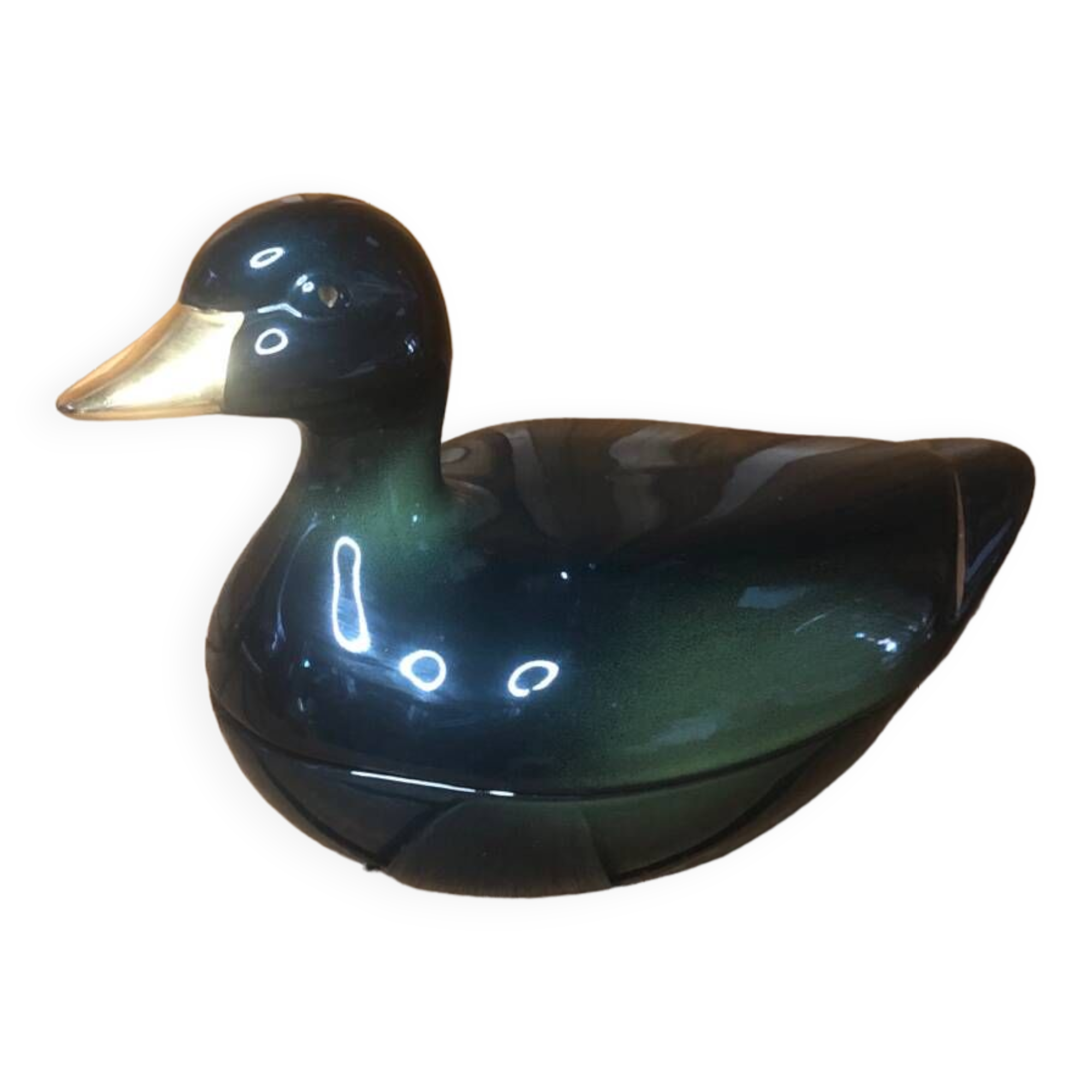 Old michel caugant terrine duck shape ceramic green golden vintage #a409