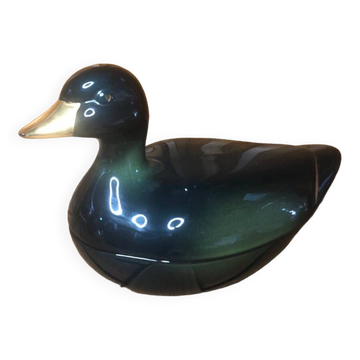 Ancienne terrine michel caugant forme canard céramique vert doré vintage #a409