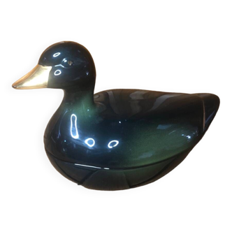 Old michel caugant terrine duck shape ceramic green golden vintage #a409