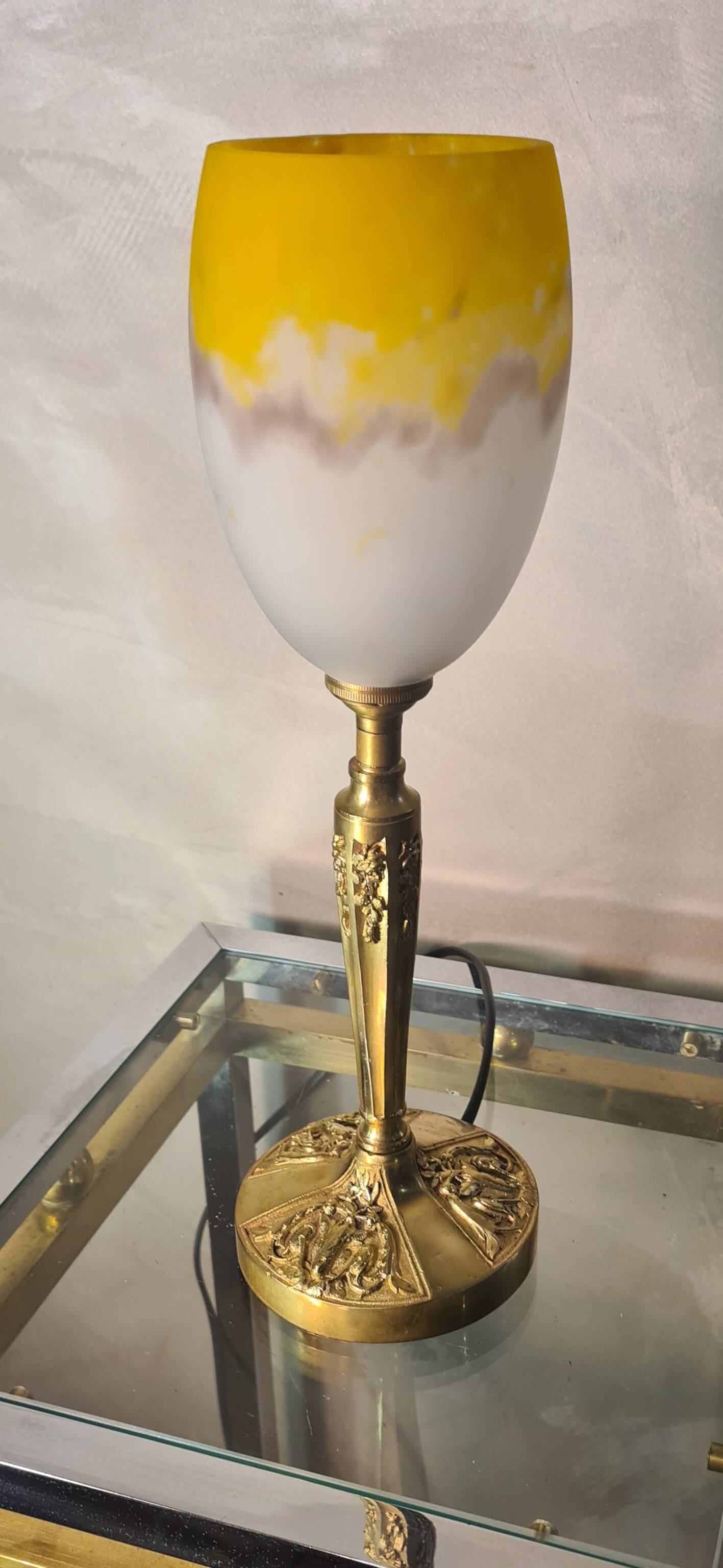 bronze lamp 1930 with its glass paste tulip signed Croismare (by the Muller brothers) 34x10