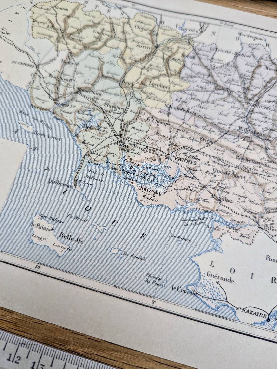 Printed in 1889, the Morbihan, old map.