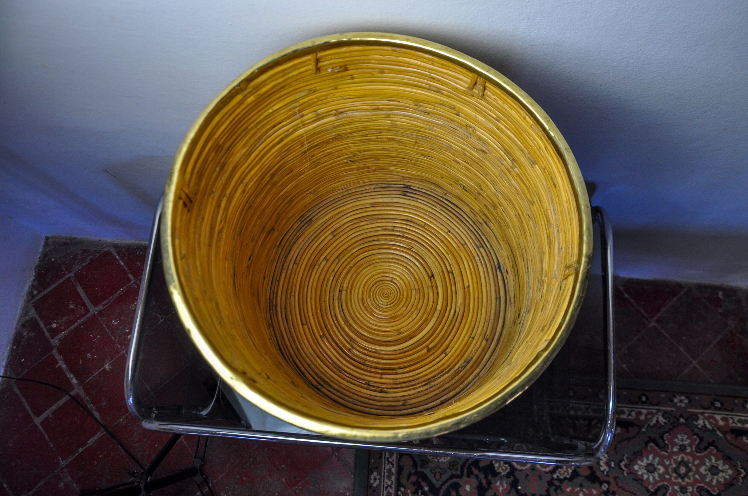 Basket xl in rattan and brass, italy, 1970, 41cm diam